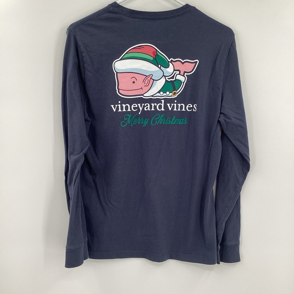 Boys Vineyard Vines Long Sleeved "Merry Christmas" Elf Cotton Pocket Tee Navy XL